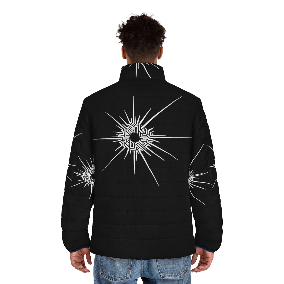 Outer Wilds Eye of the Universe White Puffer Jacket, featuring the iconic eye design from the game - men back