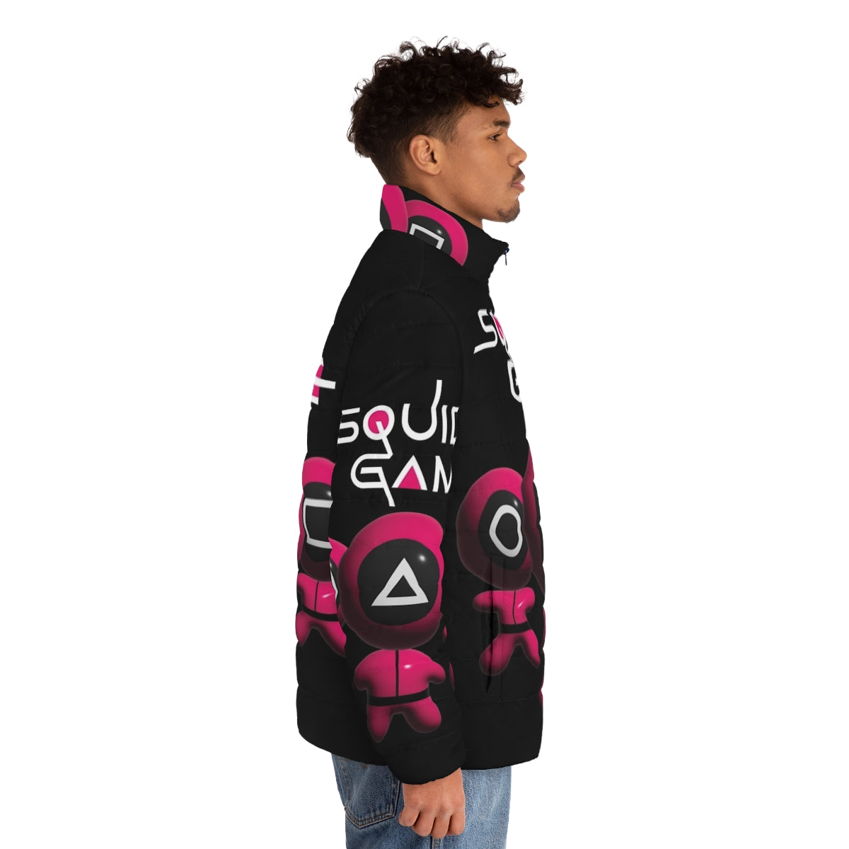 Squid Game fan art puffer jacket with various character symbols and graphics - men side right