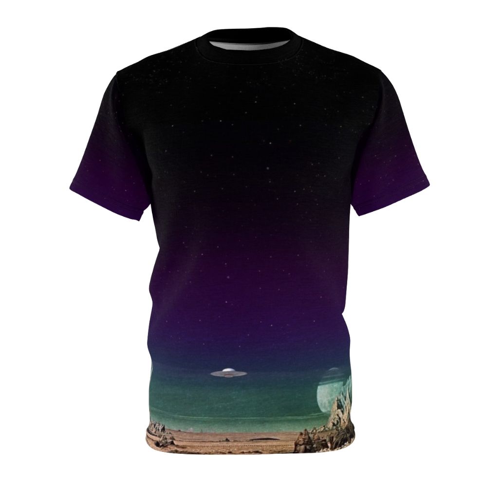 Futuristic sci-fi inspired t-shirt with retro space exploration graphics