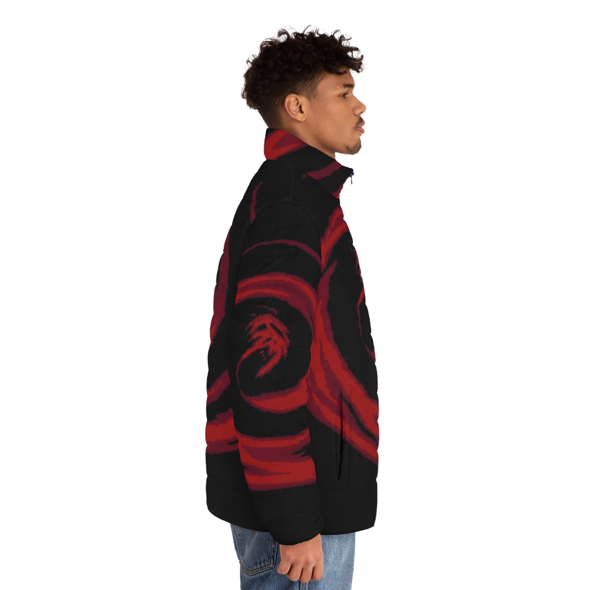 Earthbound Giygas retro gaming puffer jacket featuring iconic 90s SNES design - men side right