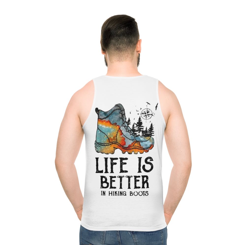 Unisex tank top with "Hiker Hobbies: Life is Better in Hiking Boots" design - men back