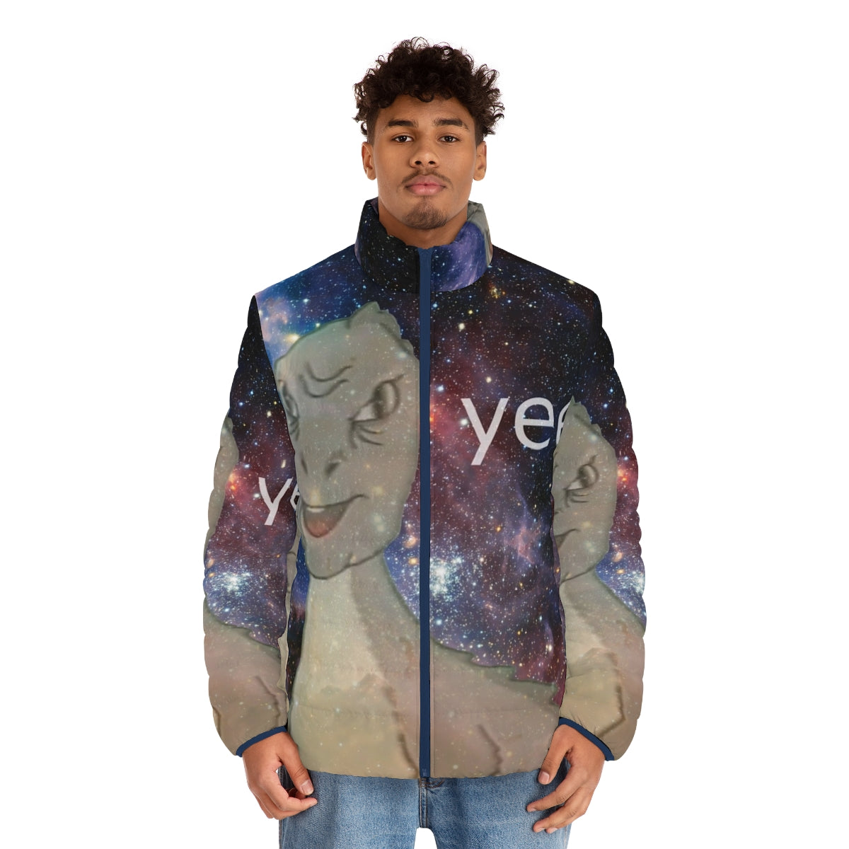 Cosmic Yee Puffer Jacket with dinosaur, nebula, and vintage meme design - men front