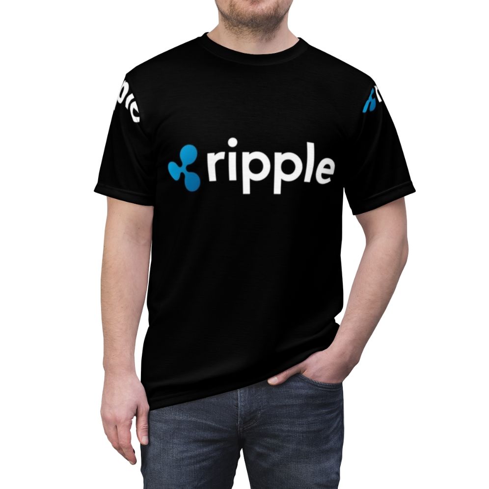 Ripple XRP cryptocurrency-inspired t-shirt design with blockchain logo - men front