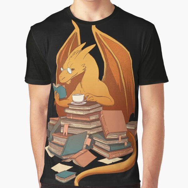 A graphic t-shirt featuring a dragon hoard of books, representing the love of literature and the life of a librarian.