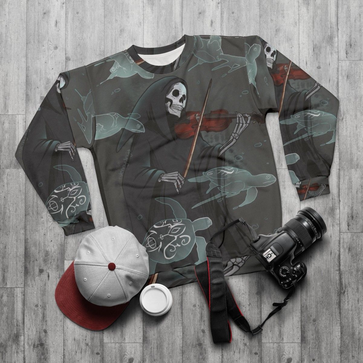 Dark symphony grim reaper violin sweatshirt - flat lay