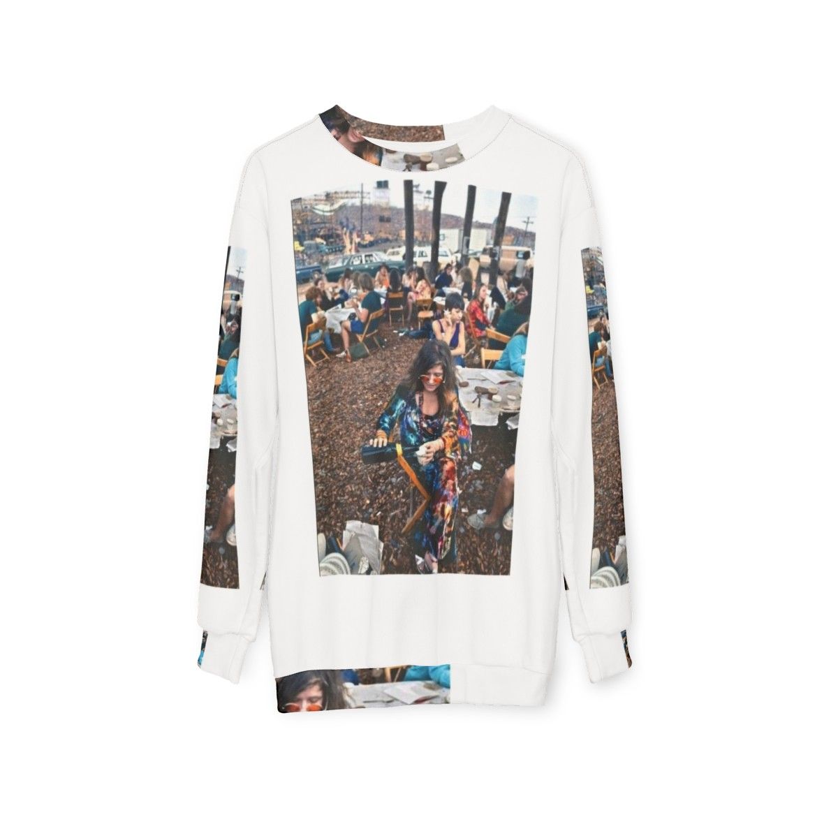 Janis Joplin Woodstock Sweatshirt featuring psychedelic tie-dye design - hanging