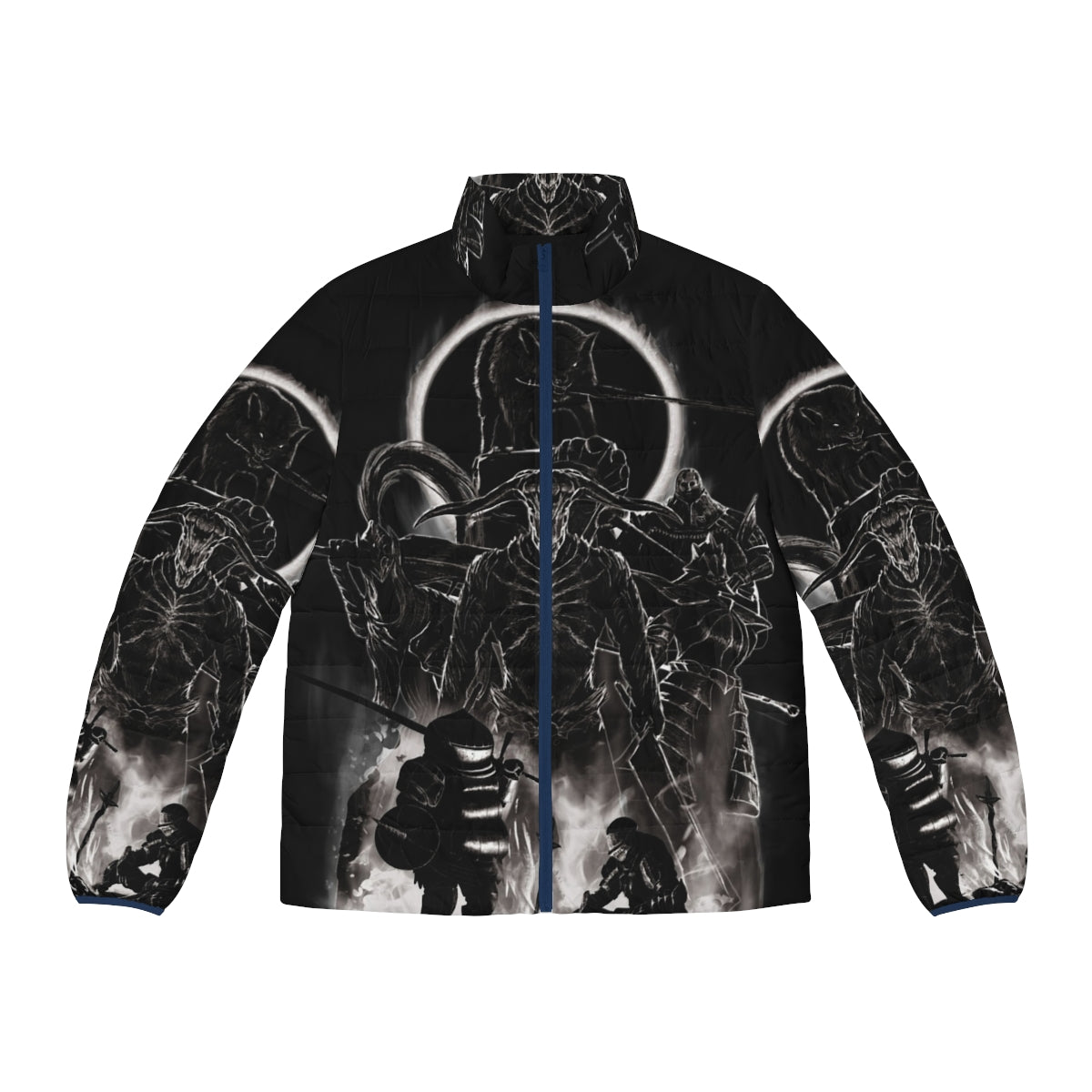 Firelink Shrine Puffer Jacket featuring the iconic bonfire from the Dark Souls video game franchise