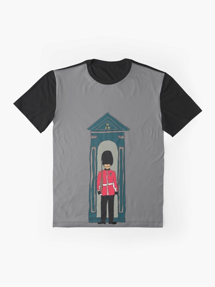 British Guardsman Graphic T-Shirt featuring a soldier wearing a bearskin hat and standing in a sentry box in front of Buckingham Palace, London, UK. - Flat lay