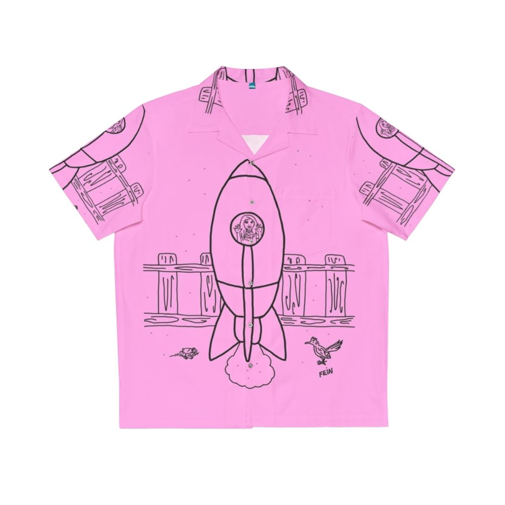 Space-themed Hawaiian shirt with rocket ship and cartoon graphics