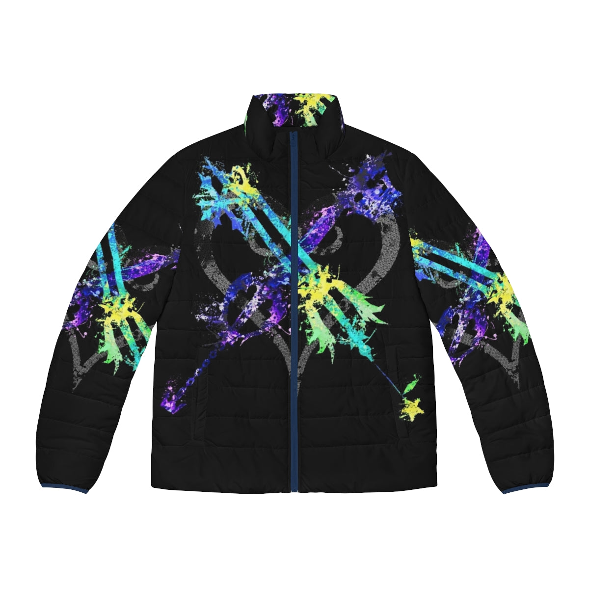 A puffer jacket featuring imagery and themes from the Kingdom Hearts video game series, including the keyblade, Oathkeeper, and the struggle between light and darkness.