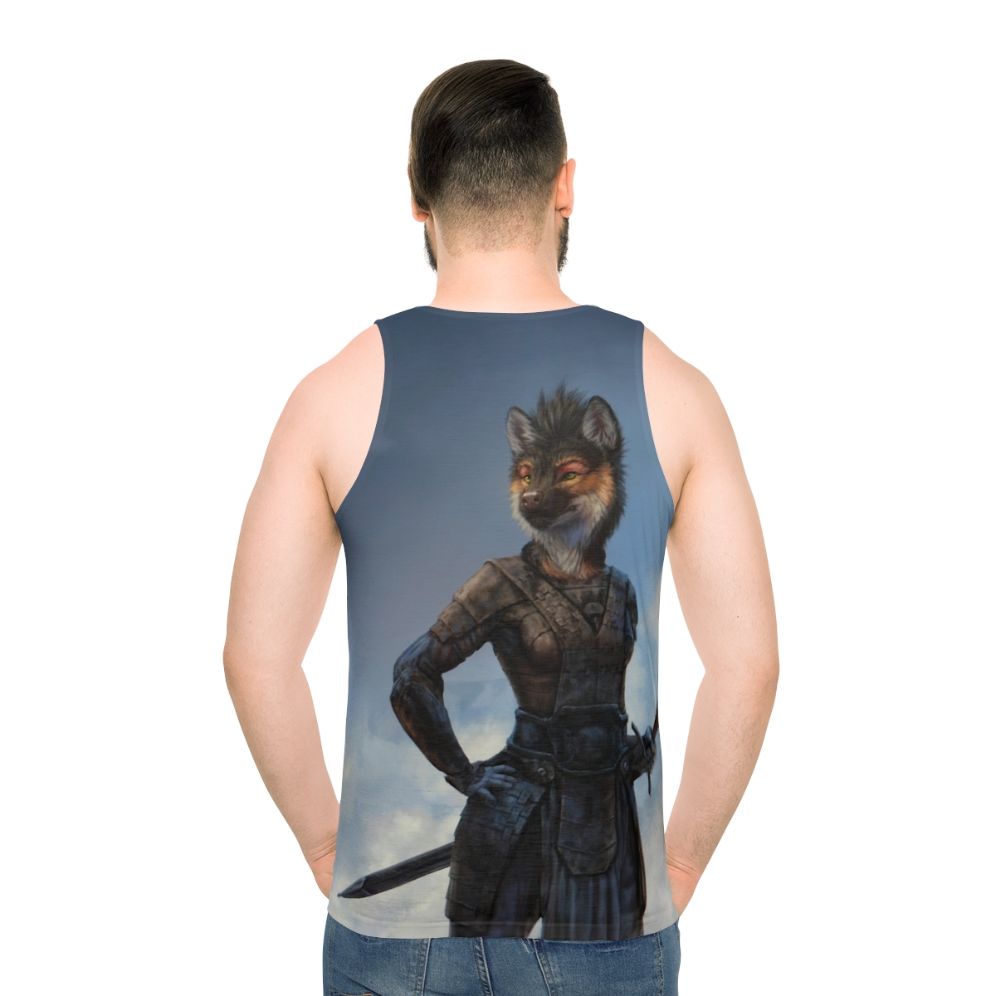 Unisex tank top with anthro canine warrior design - men back