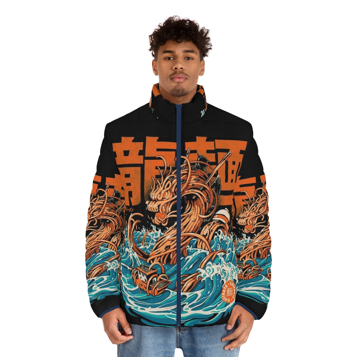 An anime-inspired puffer jacket featuring a ramen dragon design, inspired by the famous Kanagawa Wave artwork. - men front