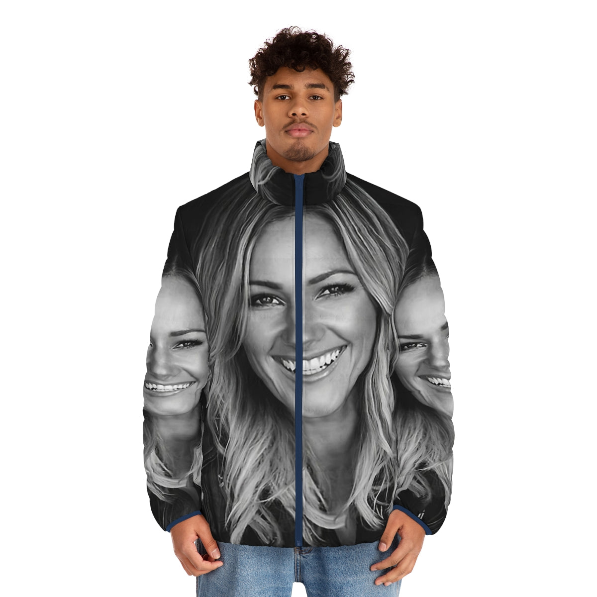 Helene Fischer wearing a stylish black and white puffer jacket with a collage-like design - men front