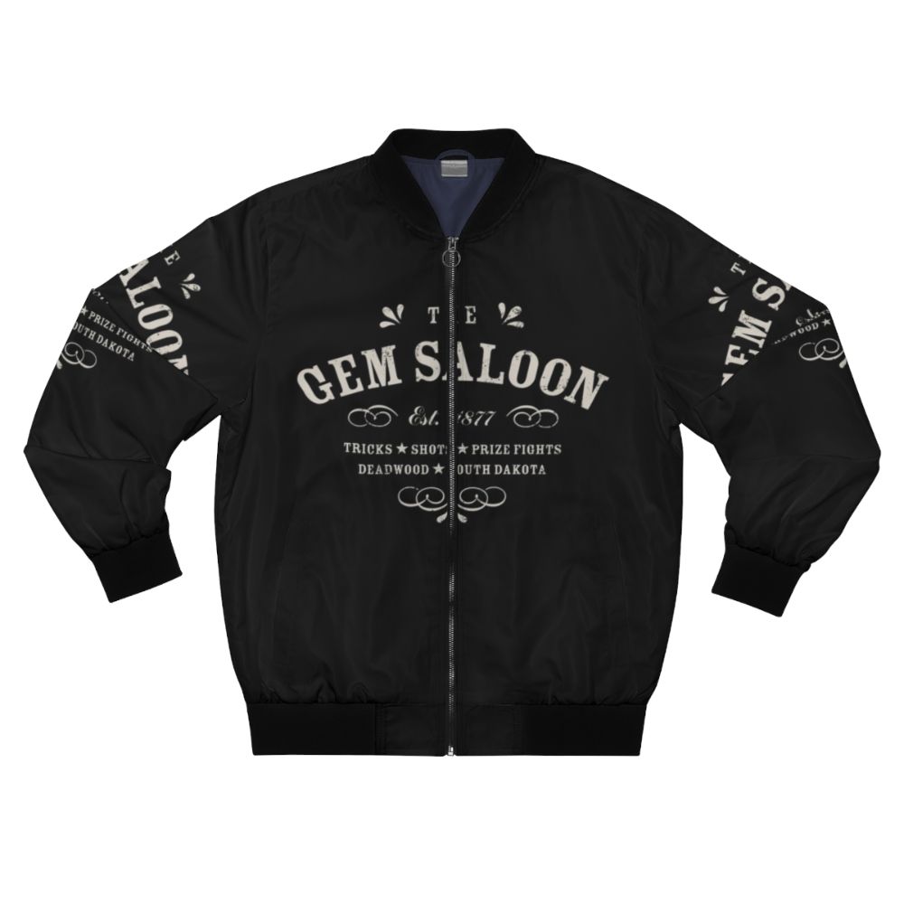 Deadwood bomber jacket with western-inspired typography and design from The Gem Saloon