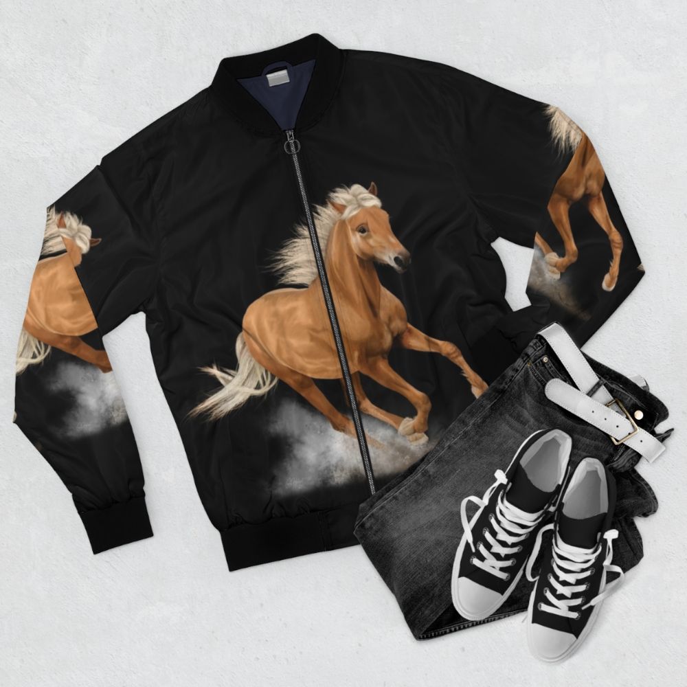 A bomber jacket featuring a running palomino horse painting - Flat lay