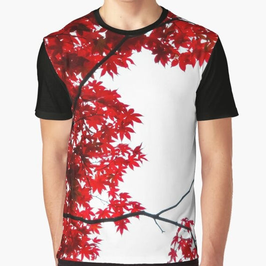 KOYO graphic t-shirt featuring a vibrant red Japanese maple leaf against a blue sky background