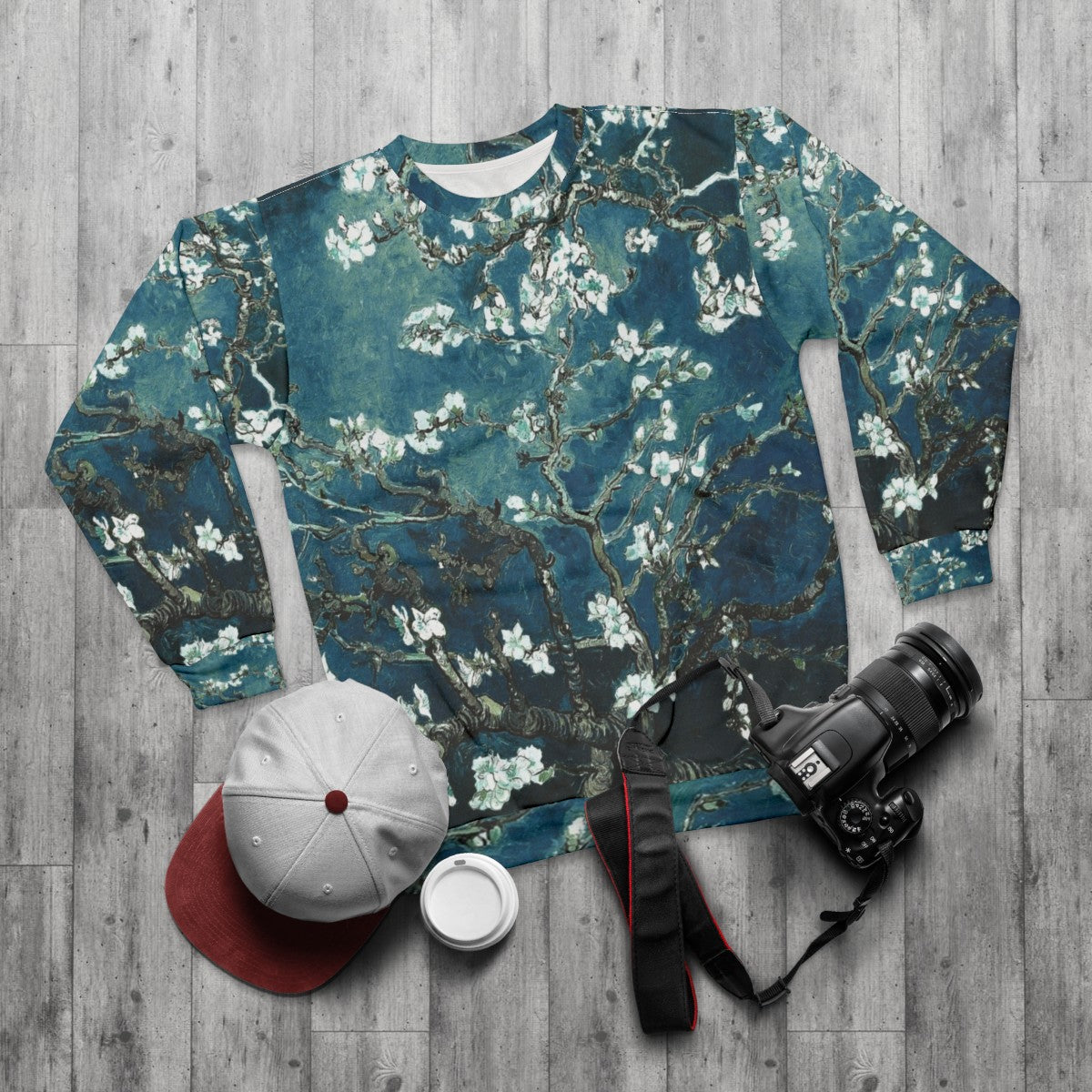 Teal Van Gogh Almond Blossoms Impressionist Floral Sweatshirt - flat lay