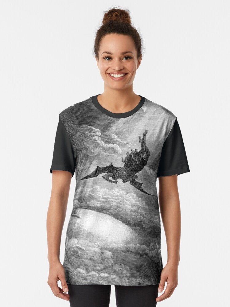 Gustave Dore's depiction of the fall of Satan, the morning star, from heaven in a black and white wood engraving style graphic t-shirt. - Women