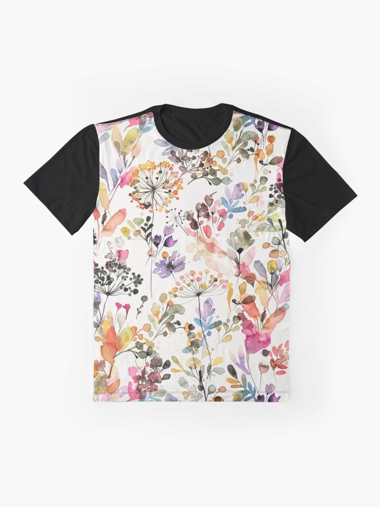 Botanical watercolor illustration of wild flowers and plants on a graphic t-shirt - Flat lay