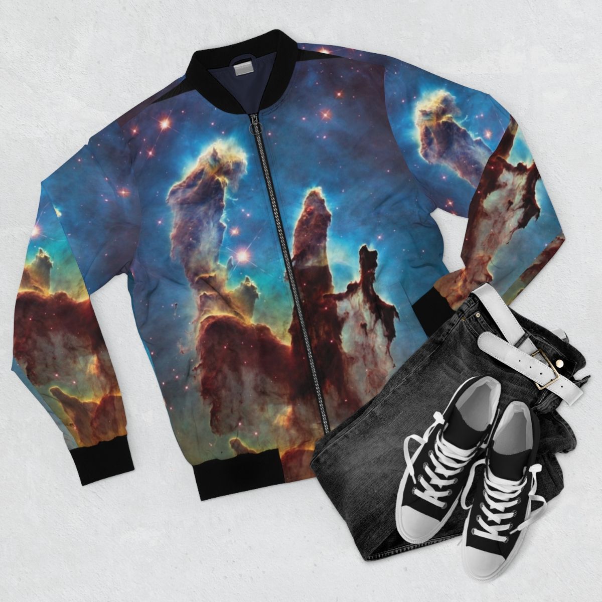 Nebula-inspired bomber jacket featuring cosmic design - Flat lay