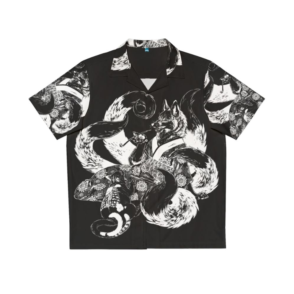 Inverted Hawaiian shirt with a design featuring a nekomata (two-tailed cat) arguing with a kitsune (Japanese fox spirit)