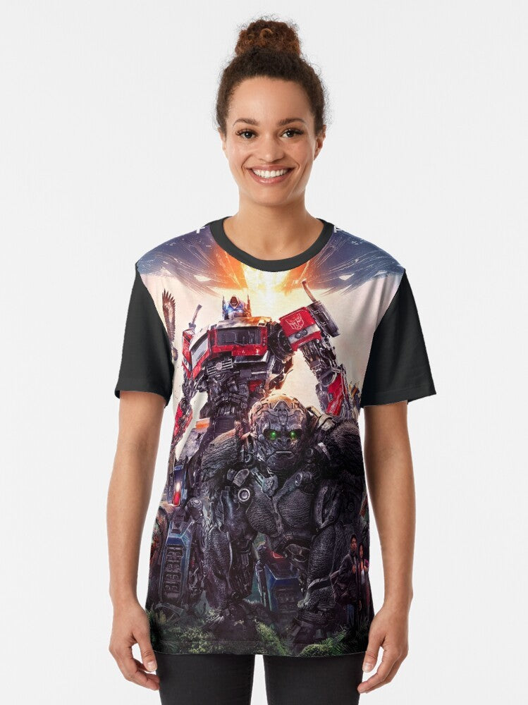 Transformers: Rise of The Beasts graphic t-shirt featuring Autobots and Decepticons - Women