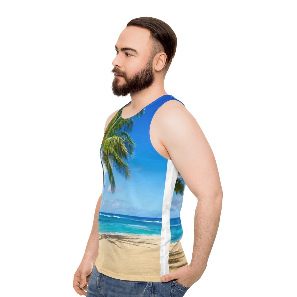 Unisex tank top with palm trees on a sandy beach in Hawaii - men side