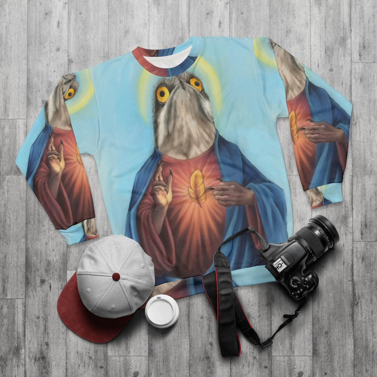 Potoo Bird Sweatshirt featuring unique bird art design - flat lay