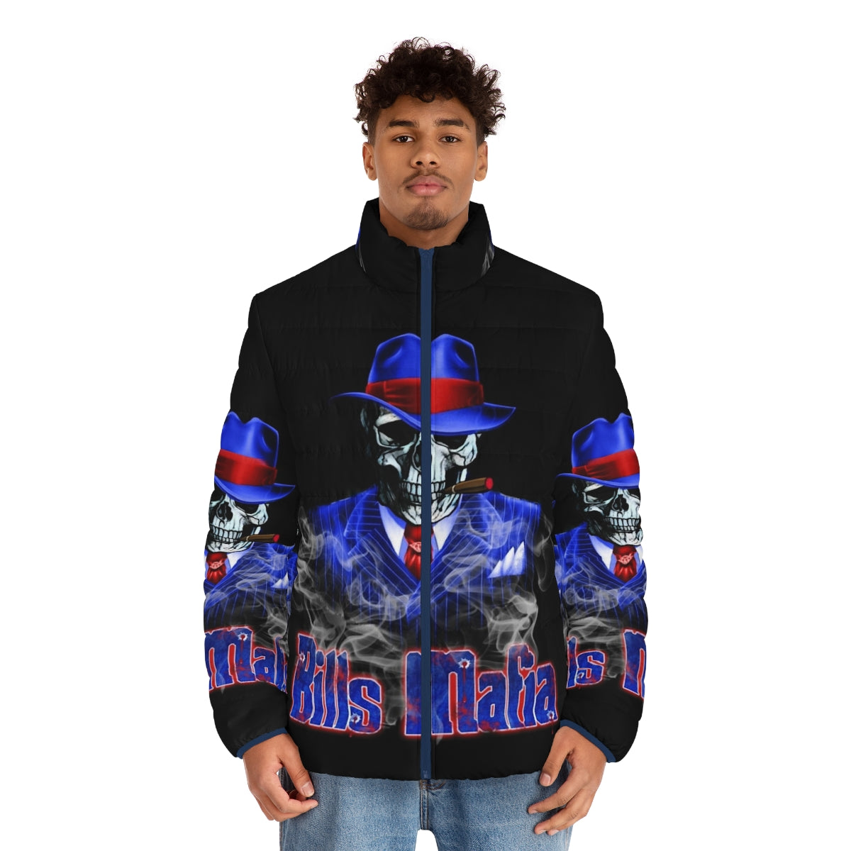 Bills Mafia Puffer Jacket featuring a bold skeleton and skull design - men front