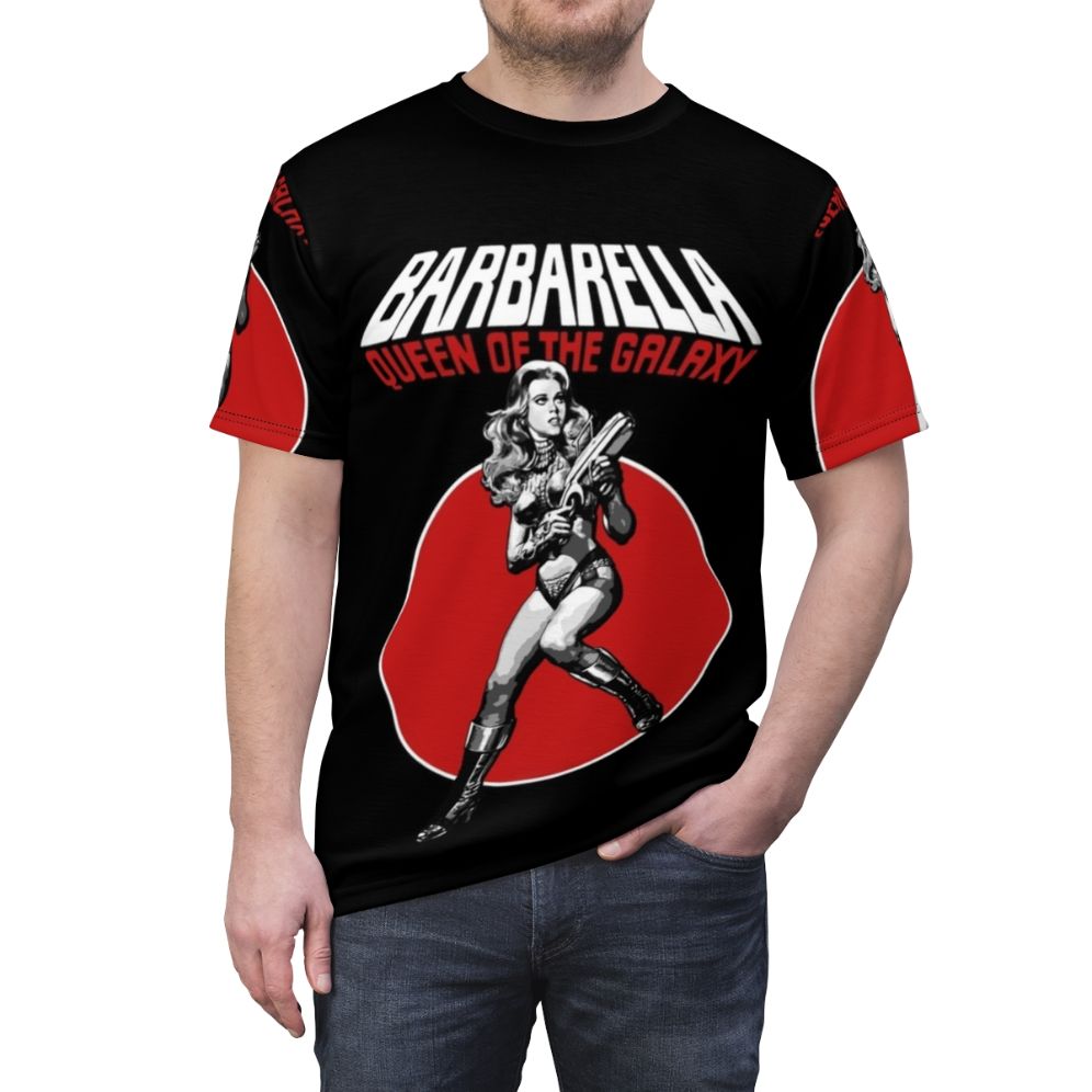 Retro science fiction-inspired t-shirt featuring Barbarella, the iconic character played by Jane Fonda in the 1960s cult classic film. - men front