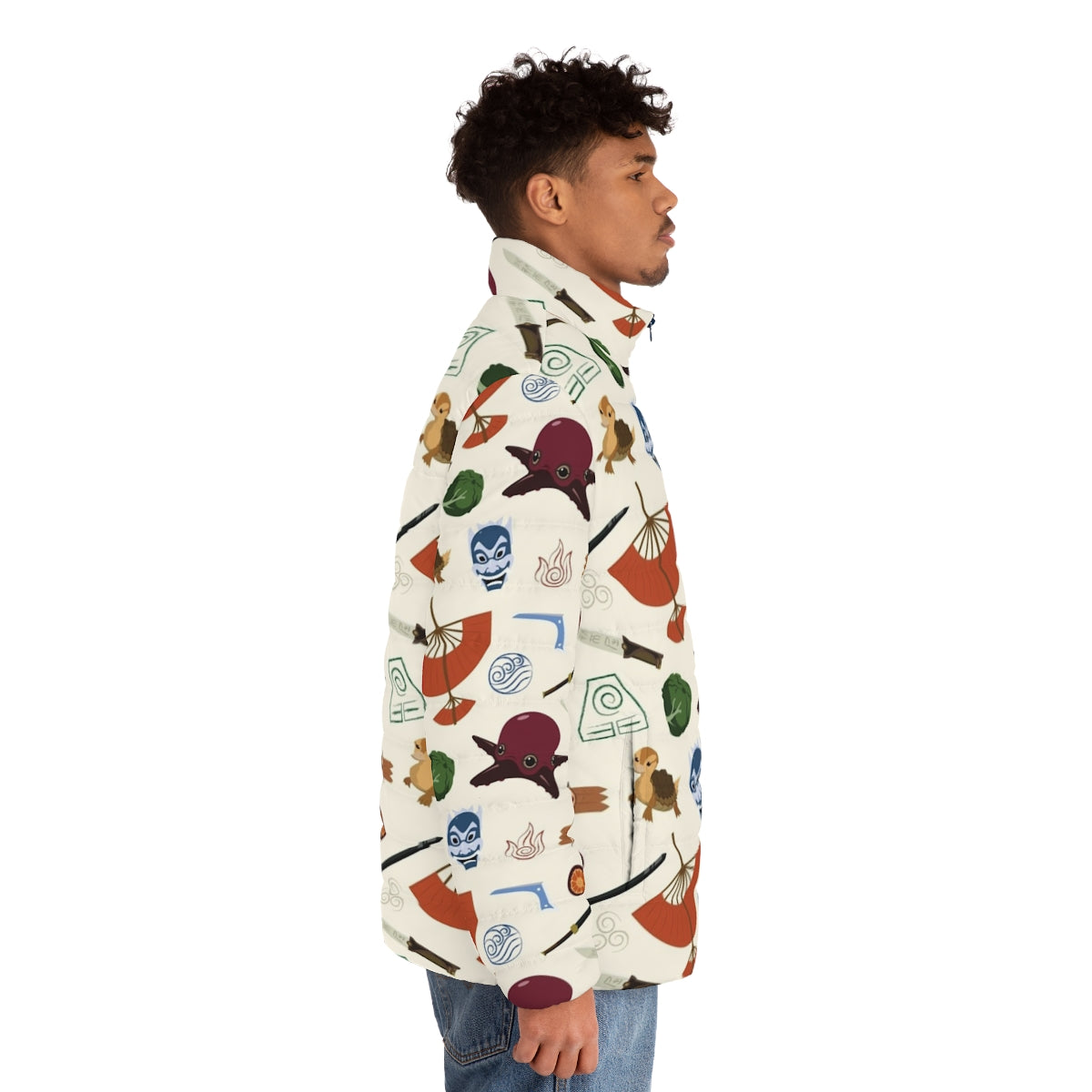 Colorful puffer jacket featuring patterns and characters from the anime series Avatar: The Last Airbender - men side right