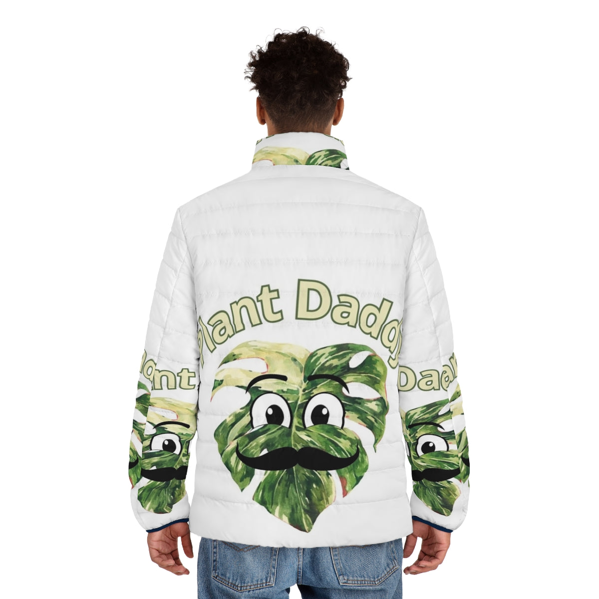 Person wearing a puffer jacket with a monstera deliciosa plant - men back