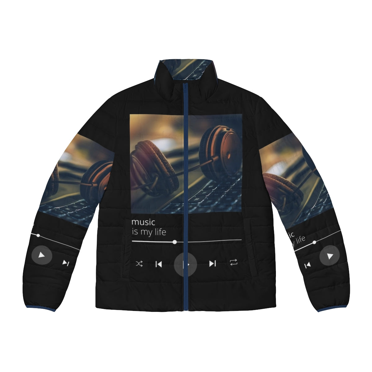 Music Lover's Puffer Jacket with Musical Notes and Treble Clef Design