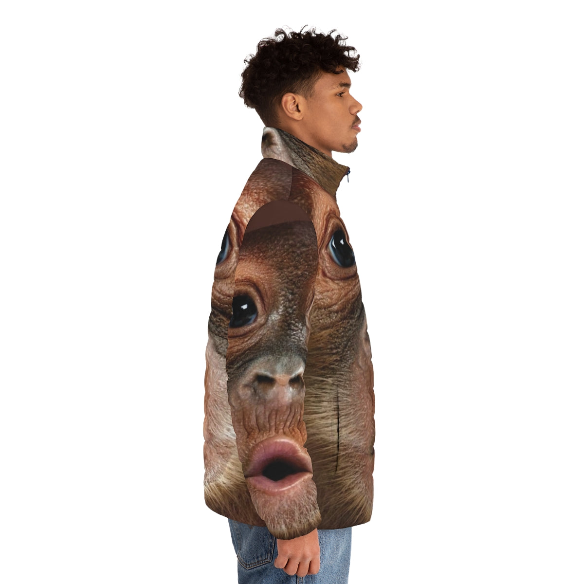 Puffer jacket featuring a hyper realistic baby orangutan monkey print design - men side right