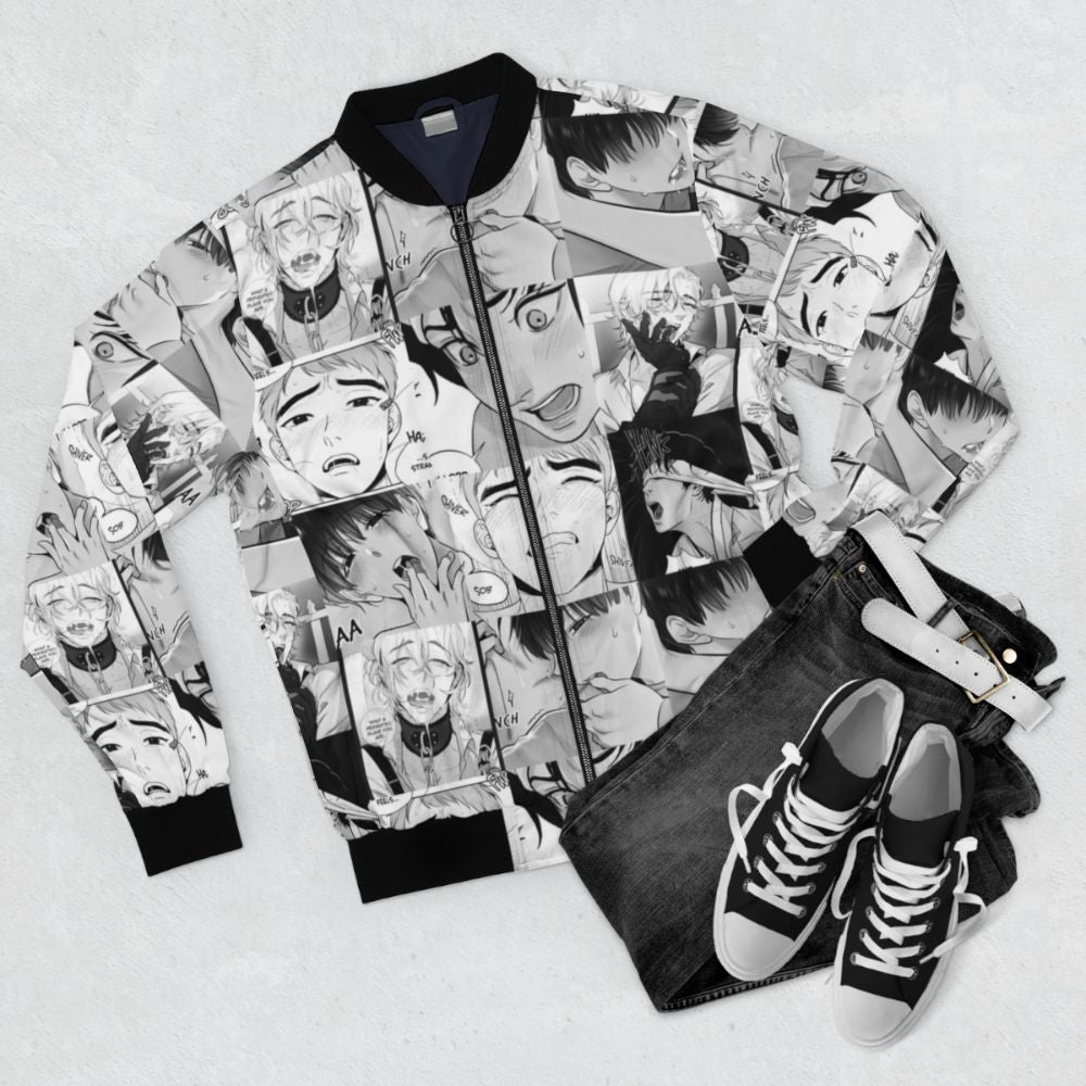 A bomber jacket featuring an anime-inspired yaoi design with two boys in a romantic embrace. - Flat lay