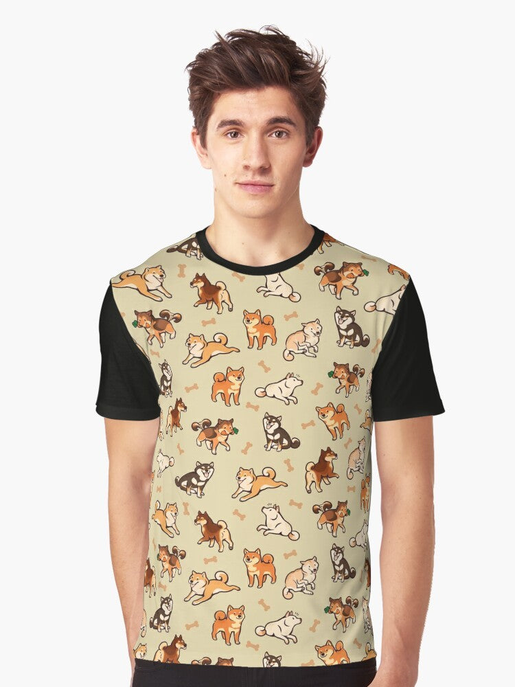 Graphic t-shirt featuring a pattern of cute shiba inu dogs in a cream background - Men