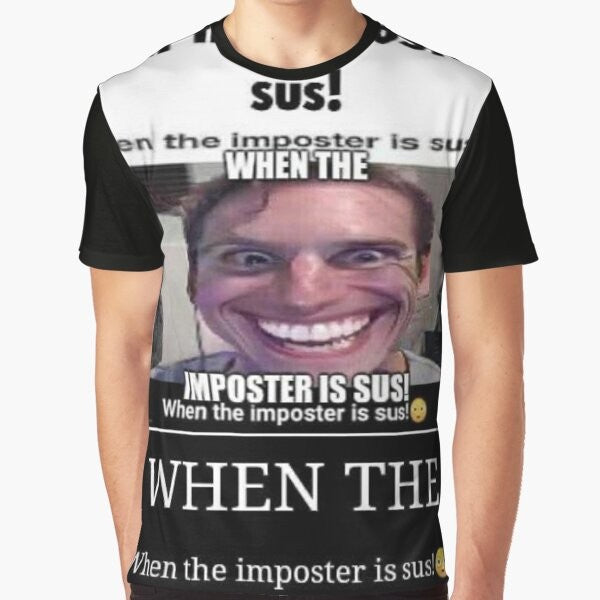 Graphic t-shirt design with the phrase "when the imposter is sus" and an among us character