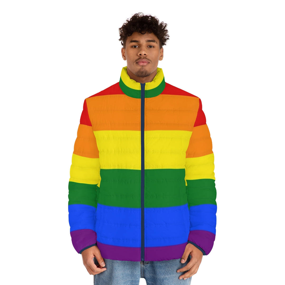 LGBTQIA+ Pride Rainbow Puffer Jacket, showcasing a vibrant rainbow design - men front