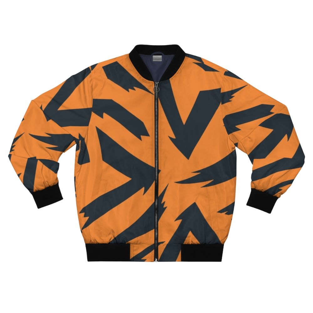 An orange and black bomber jacket with a fire-inspired pattern, featuring the Pokémon Arcanine.