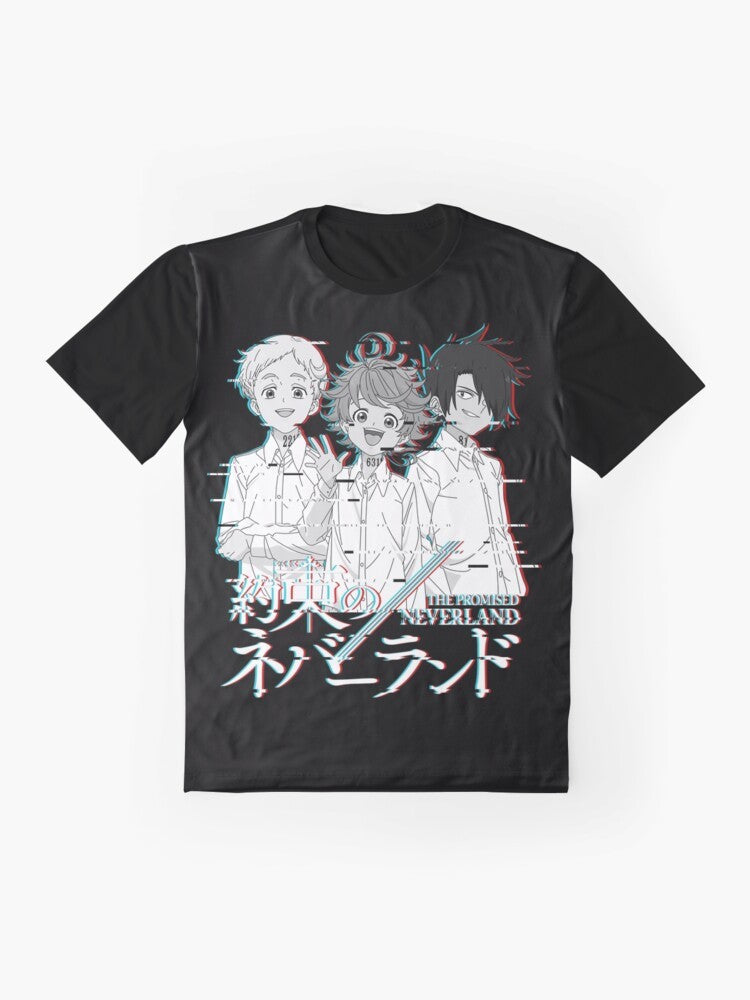 The Promised Neverland Glitch Graphic T-Shirt featuring characters Emma, Norman, and Ray from the popular anime and manga series. - Flat lay