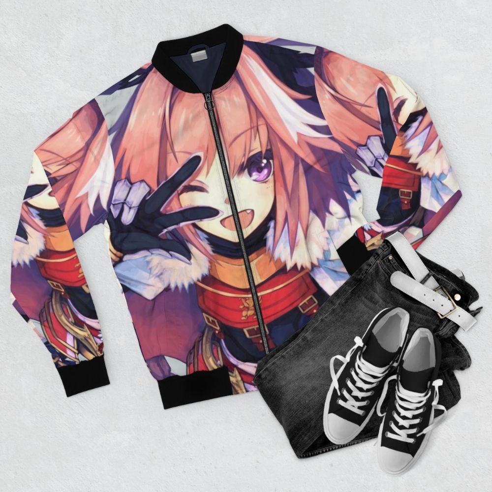 Fate Astolfo Anime Character Bomber Jacket - Flat lay