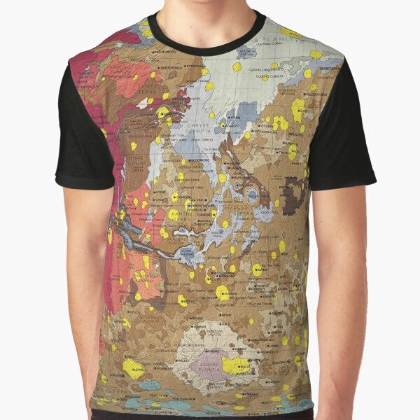 Graphic t-shirt design featuring a map of the geology of Mars, including information about the planet's surface features and terrain.