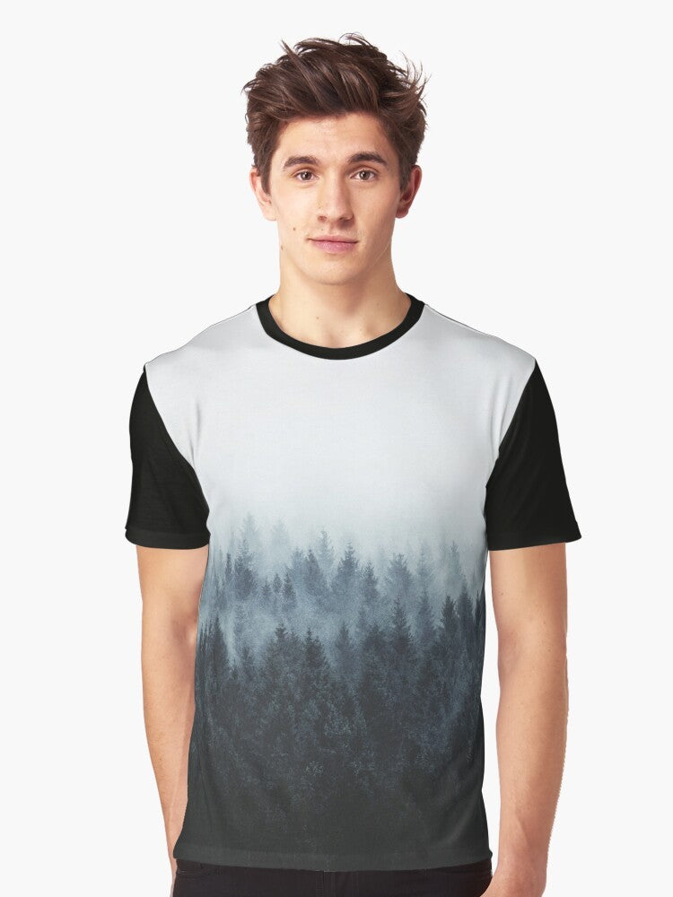 A nature landscape graphic t-shirt featuring trees, fog, and mountains for outdoor adventure and wanderlust - Men