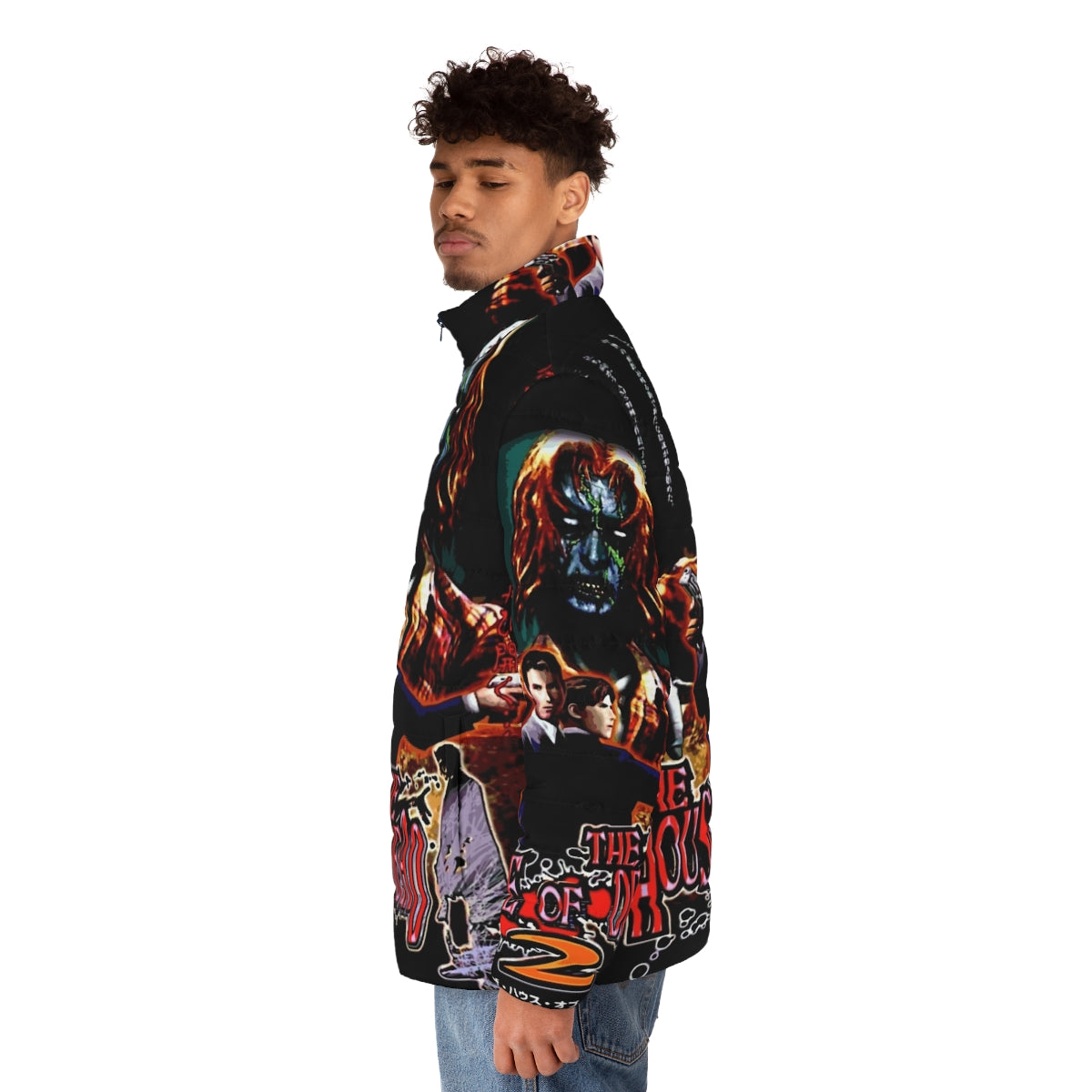 Japanese art-inspired puffer jacket featuring "The House of the Dead 2" Sega Dreamcast video game graphics - men side left