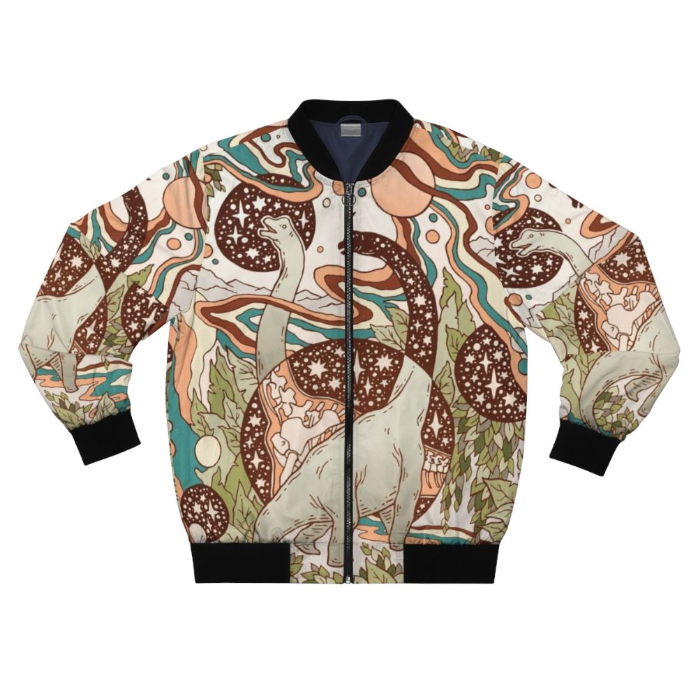 Retro bomber jacket featuring a psychedelic dinosaur sci-fi design in a rainbow palette.