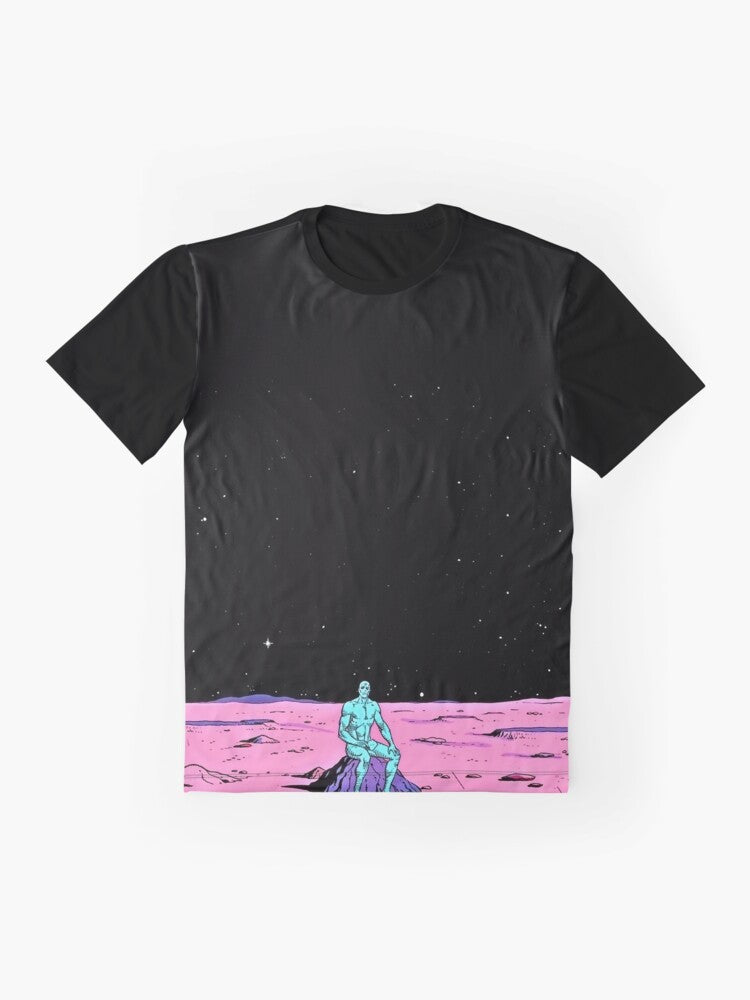 Dr. Manhattan, the iconic Watchmen superhero, sitting on the surface of Mars. - Flat lay