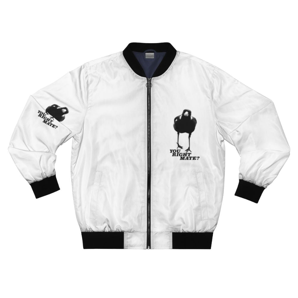 Magpie swooping season bomber jacket with a humorous, Australian-inspired design