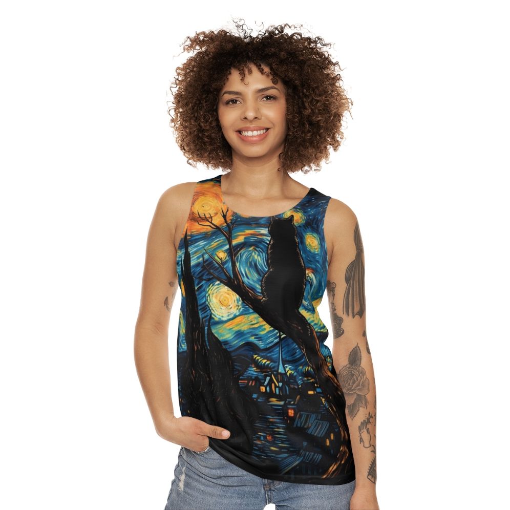 Unisex tank top featuring Van Gogh's Starry Night with a black cat - women