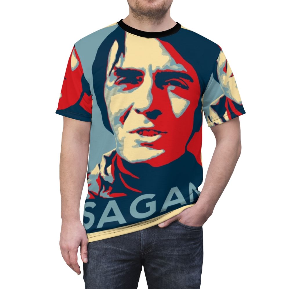 A high-quality T-shirt featuring a cosmic design inspired by the work of renowned astrophysicist Carl Sagan. - men front