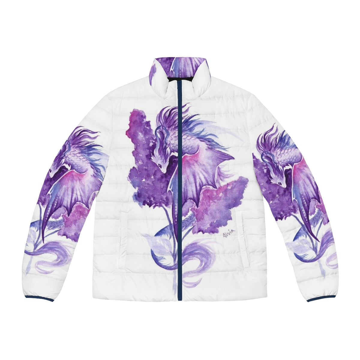 Lilac Dragon Puffer Jacket with magical, nature-inspired design